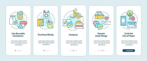 How to minimize waste onboarding mobile app screen. Reuse and reduce. Walkthrough 5 steps graphic instructions pages with linear concepts. UI, UX, GUI template. Myriad Pro-Bold, Regular fonts used vector