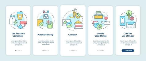 cómo minimizar el desperdicio al incorporar la pantalla de la aplicación móvil. reutilizar y reducir. tutorial 5 pasos páginas de instrucciones gráficas con conceptos lineales. interfaz de usuario, ux, plantilla de interfaz gráfica de usuario. innumerables fuentes pro-negrita y regulares utilizadas vector