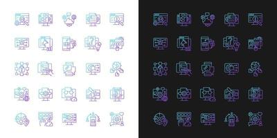 Digital skills gradient icons set for dark and light mode. Gaining literacy competencies. Thin line contour symbols bundle. Isolated vector outline illustrations collection on black and white