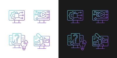 Engaging with digital technology gradient icons set for dark and light mode. Product development. Thin line contour symbols bundle. Isolated vector outline illustrations collection on black and white