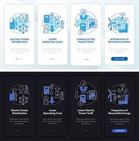 Smart grid set night and day mode onboarding mobile app screen. Tech walkthrough 4 steps graphic instructions pages with linear concepts. UI, UX, GUI template. Myriad Pro-Bold, Regular fonts used vector