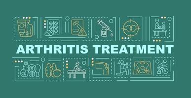 Arthritis healing word concepts banner. Therapy and surgery. Infographics with linear icons on green background. Isolated creative typography. Vector outline color illustration with text