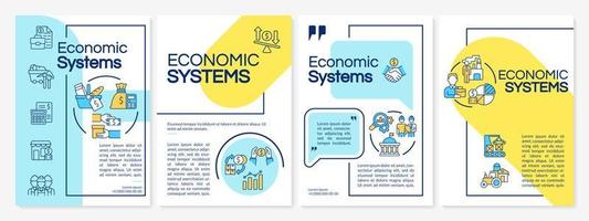 Economic system guideline blue, yellow brochure template. Commerce, marketing. Leaflet design with linear icons. 4 vector layouts for presentation, annual reports. Questrial, Lato-Regular fonts used