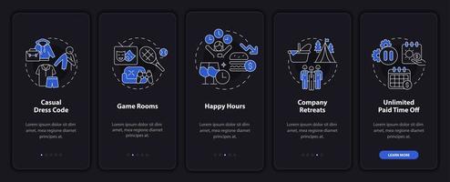 Worksite non-wage benefits onboarding mobile app page screen. Walkthrough 5 steps graphic instructions with linear concepts. UI, UX, GUI template. Night mode. Myriad Pro-Bold, Regular fonts used vector