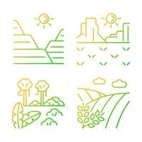 Landforms gradient linear vector icons set. Sediment and rock land formation. Hot climate region. Jungle and rainforest. Thin line contour symbols bundle. Isolated outline illustrations collection