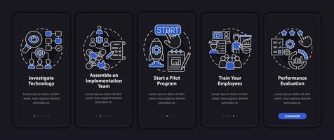 Technology execution steps onboarding mobile app page screen. Pilot program walkthrough 5 steps graphic instructions with concepts. UI, UX, GUI vector template with linear night mode illustrations