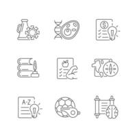 Various school subjects linear icons set. Humanities and applied sciences. Health course. Customizable thin line contour symbols. Isolated vector outline illustrations. Editable stroke