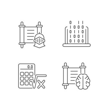 Humanities and applied subjects linear icons set. History, philosophy lesson. Algebra, IT classes. Customizable thin line contour symbols. Isolated vector outline illustrations. Editable stroke