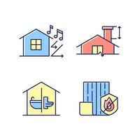 Home construction safety RGB color icons set. Sound insulation. Minimum chimney height. Sanitation facilities. Resistance to fire. Isolated vector illustrations. Simple filled line drawings collection