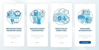 Sustainability initiatives onboarding mobile app page screen. Public transport walkthrough 4 steps graphic instructions with concepts. UI, UX, GUI vector template with linear color illustrations
