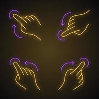 Touchscreen gestures neon light icons set. Flick left, flick right gesturing. Flick up and flick down, touch gesture. Human fingers. Glowing signs. Vector isolated illustrations