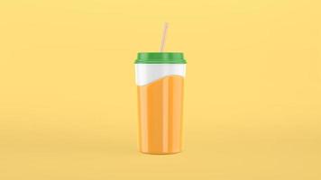 Vaso de papel de representación 3d de jugo de naranja, salpicadura de onda de cámara lenta. artesanía, vaso de plástico con un estilo de dibujos animados de paja. foto