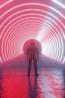 3d rendering fantastic concept scifi game, space path, alien city. Silhouette lonely man, astronaut in helmet in front of a luminous neon red circles extending into the distance, a portal, a teleport. photo
