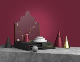 3D rendering abstract display product. Marble pedestal with steps on a concrete base, a vacant red wave board, black and gold cone, pyramid. Empty showcase with place for copy. Luxury dark background photo