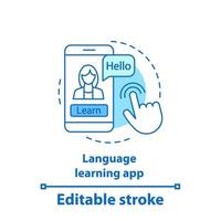 Language learning app concept icon. Online courses idea thin line illustration. E-learning. Spell check. Vector isolated outline drawing. Editable stroke