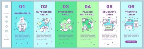 Child custody onboarding mobile web pages vector template. Love, support, protect, educate, treat. Responsive smartphone website interface idea. Webpage walkthrough step screens. Color concept