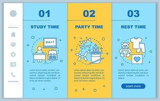 Time management onboarding mobile web pages vector template. Responsive smartphone website interface idea with linear illustrations. Study time webpage walkthrough step screens. Daily student schedule