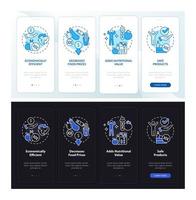 Disadvantages of gmo night and day mode onboarding mobile app screen. Walkthrough 4 steps graphic instructions pages with linear concepts. UI, UX, GUI template. Myriad Pro-Bold, Regular fonts used vector