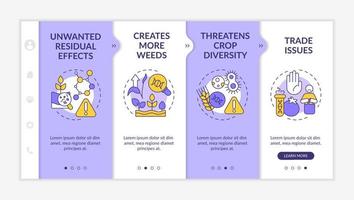 Disadvantages of gmo purple and white onboarding template. Food issues. Responsive mobile website with linear concept icons. Web page walkthrough 4 step screens. Lato-Bold, Regular fonts used vector