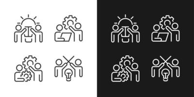 Successful teamwork pixel perfect linear icons set for dark, light mode. New ideas. Coordination and collaboration. Thin line symbols for night, day theme. Isolated illustrations. Editable stroke vector