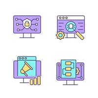 Use of digital technologies RGB color icons set. Staying safe online. Software testing. Product promotion. Isolated vector illustrations. Simple filled line drawings collection. Editable stroke