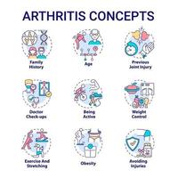 Arthritis concept icons set. Risk factors and prevention idea thin line color illustrations. Joint and bone disorder. Weight control and fitness. Vector isolated outline drawings. Editable stroke