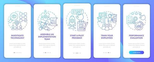 Implement technology steps onboarding mobile app page screen. Start pilot program walkthrough 5 steps graphic instructions with concepts. UI, UX, GUI vector template with linear color illustrations