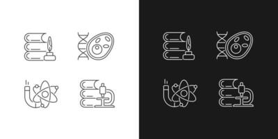 Diversity of subjects in school linear icons set for dark and light mode. Humanities and applied sciences. Customizable thin line symbols. Isolated vector outline illustrations. Editable stroke