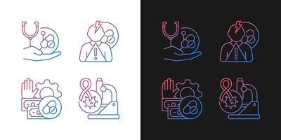 Drug-potency studies gradient icons set for dark and light mode. Improving treatment. Thin line contour symbols bundle. Isolated vector outline illustrations collection on black and white