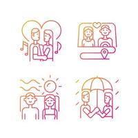 Couple quality time gradient linear vector icons set. Spending free time together as family. Romantic dates ideas. Thin line contour symbols bundle. Isolated outline illustrations collection