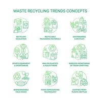 Trends in trash recycling and upcycling concept icons set. Environmental preservation. Reduction in global pollution idea thin line color illustrations. Vector isolated outline drawings