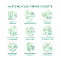 Trends in trash recycling and upcycling concept icons set. Environmental preservation. Reduction in global pollution idea thin line color illustrations. Vector isolated outline drawings