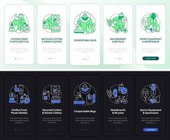 Upcycling trend onboarding mobile app page screen. Garbage recycling walkthrough 5 steps graphic instructions with concepts. UI, UX, GUI vector template with linear night and day mode illustrations