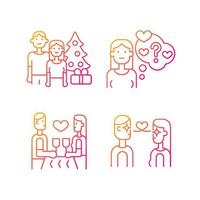 Couple in love gradient linear vector icons set. Love at first sight. Spending holidays. Doubting stage of relationship. Thin line contour symbols bundle. Isolated outline illustrations collection