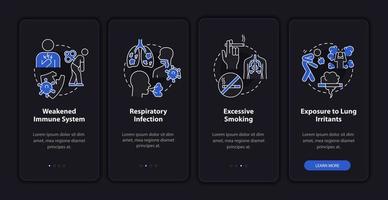 Factors leading to pneumonia onboarding mobile app page screen. Weak immunity walkthrough 4 steps graphic instructions with concepts. UI, UX, GUI vector template with linear night mode illustrations