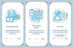 plantilla de vector de pantalla de página de aplicación móvil de incorporación de grado de enfermería. Conviértase en un cuidador paso a paso del sitio web con ilustraciones lineales. cuidador, profesión de enfermera. Personal medico.