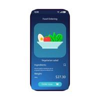 Food ordering app smartphone interface vector template. Mobile page blue design layout. Vegetarian salad screen. Flat UI for application. Online food delivery. Restaurant, cafe menu. Phone display