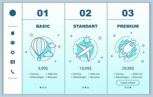 planes de tarifas de Internet que incorporan plantillas vectoriales de pantallas de aplicaciones móviles. interfaz de las páginas del sitio web del tutorial. precios del servicio de entrega básico, estándar y premium. diseño web de pago de membresía de teléfono inteligente vector