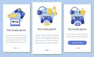 Buying apps and games onboarding mobile app page screen vector template. Free, pay to play. Flat design website instructions. UX, UI, GUI smartphone interface cartoon concept