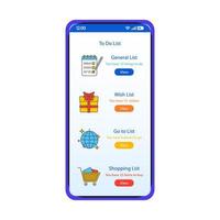 To do list smartphone interface vector template. Mobile app page white design layout. Wish, shopping, go to lists screen. Flat UI for application. Tasks manager. Add to favorites. Phone display