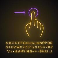 Horizontal scroll right gesturing neon light icon. Touchscreen gesture. Tap, point, click. Using sensory devices. Glowing sign with alphabet, numbers and symbols. Vector isolated illustration