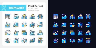 Teamwork pixel perfect light and dark theme color icons set. Cooperation on project. Simple filled line drawings. Bright cliparts on white and black. Editable stroke. Quicksand-Light font used vector