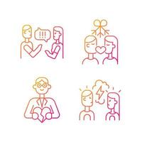 Fighting in relationship gradient linear vector icons set. Criticizing each other. Healthy romance. Family consultant. Thin line contour symbols bundle. Isolated outline illustrations collection