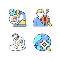 Testing potential treatments RGB color icons set. Successful research. Observational studies. Blind trials. Epidemiological study. Isolated vector illustrations. Simple filled line drawings collection