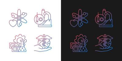 Medicine development gradient icons set for dark and light mode. Interest in science. Thin line contour symbols bundle. Isolated vector outline illustrations collection on black and white