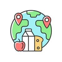 icono de color rgb de asignación de alimentos. transporte y distribución de productos. seguridad alimentaria en diferentes partes del mundo. pobreza y hambre. ilustración vectorial aislada. dibujo lineal relleno simple vector