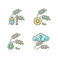 Crop loss reasons RGB color icons set. Pests danger. Crop diseases. Unsafe water. Adverse weather and climate changes. Isolated vector illustrations. Simple filled line drawings collection