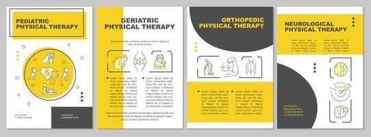 Physial therapy types yellow brochure template. Health care. Flyer, booklet, leaflet print, cover design with linear icons. Vector layouts for presentation, annual reports, advertisement pages