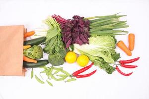 types of vegetables in paper bag isolated on white background photo