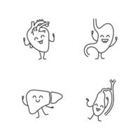 Smiling human internal organs characters linear icons set. Thin line contour symbols. Happy heart, stomach, liver, gallbladder. Isolated vector outline illustrations. Editable stroke